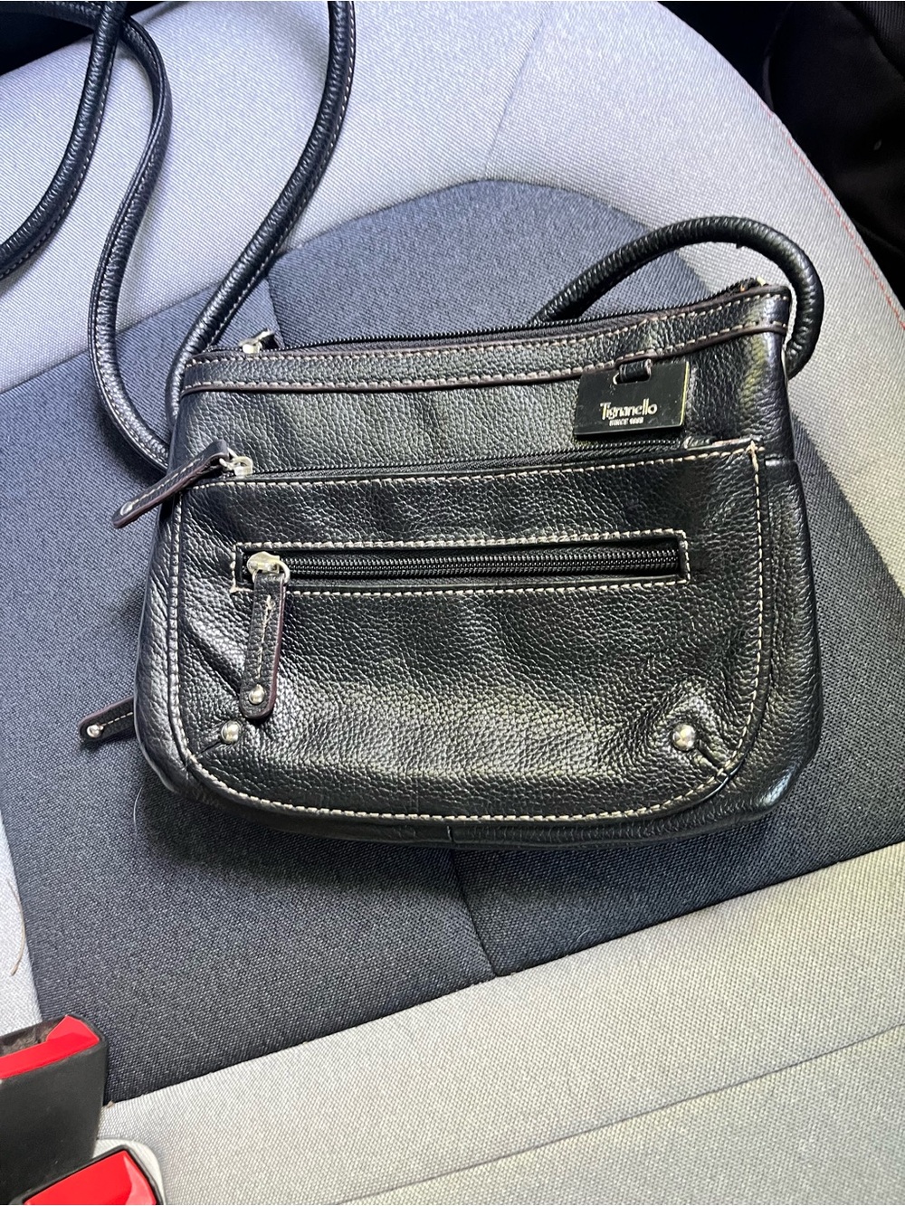 Tignanello Black Pebbled Leather Crossbody Bag lots of zipper compartments